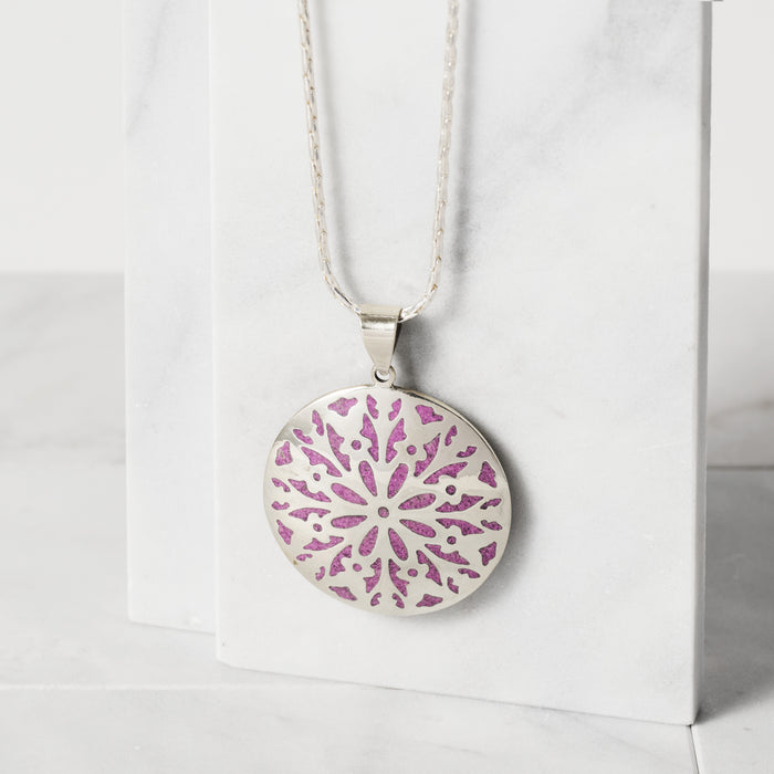 Etched Silver & Purple Medallion Pendant Necklace - Ten Thousand Villages 1