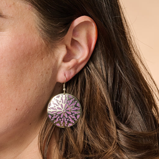 Etched Silver & Purple Medallion Earrings