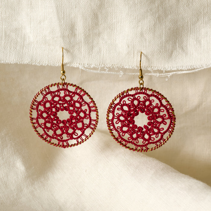 Red Medallion Tatted Drop Earrings - Ten Thousand Villages 1