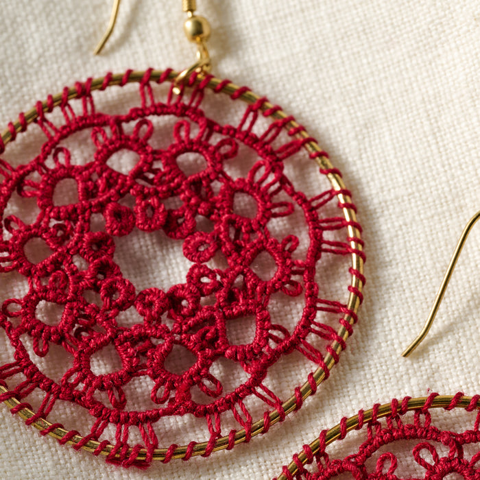 Red Medallion Tatted Drop Earrings - Ten Thousand Villages 3