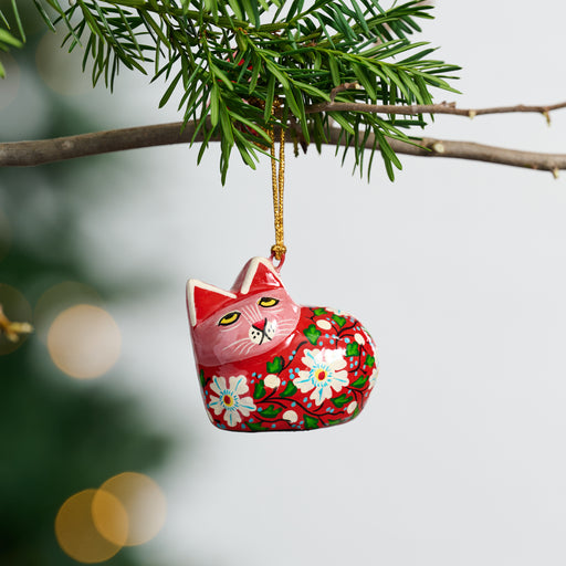 Painted Floral Cat Paper Mâché Ornament