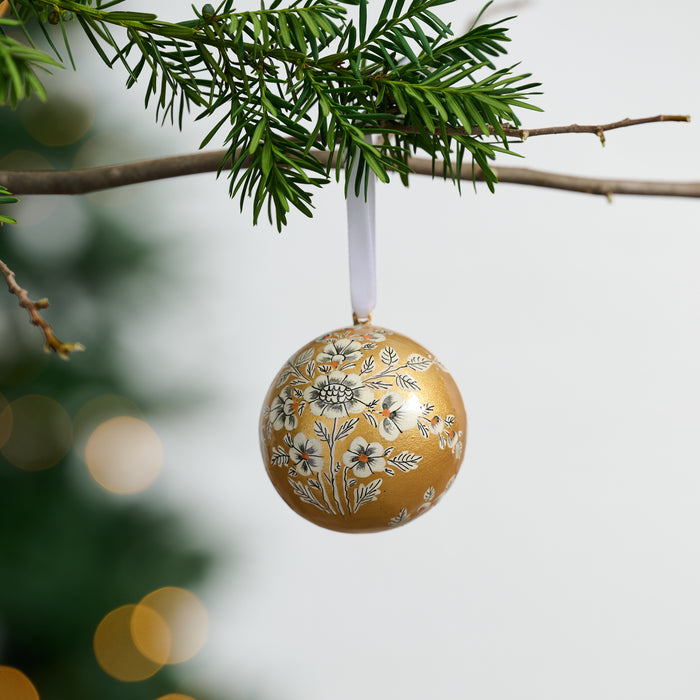 Painted Gold Florals Paper Mâché Ball Ornament - Ten Thousand Villages 1