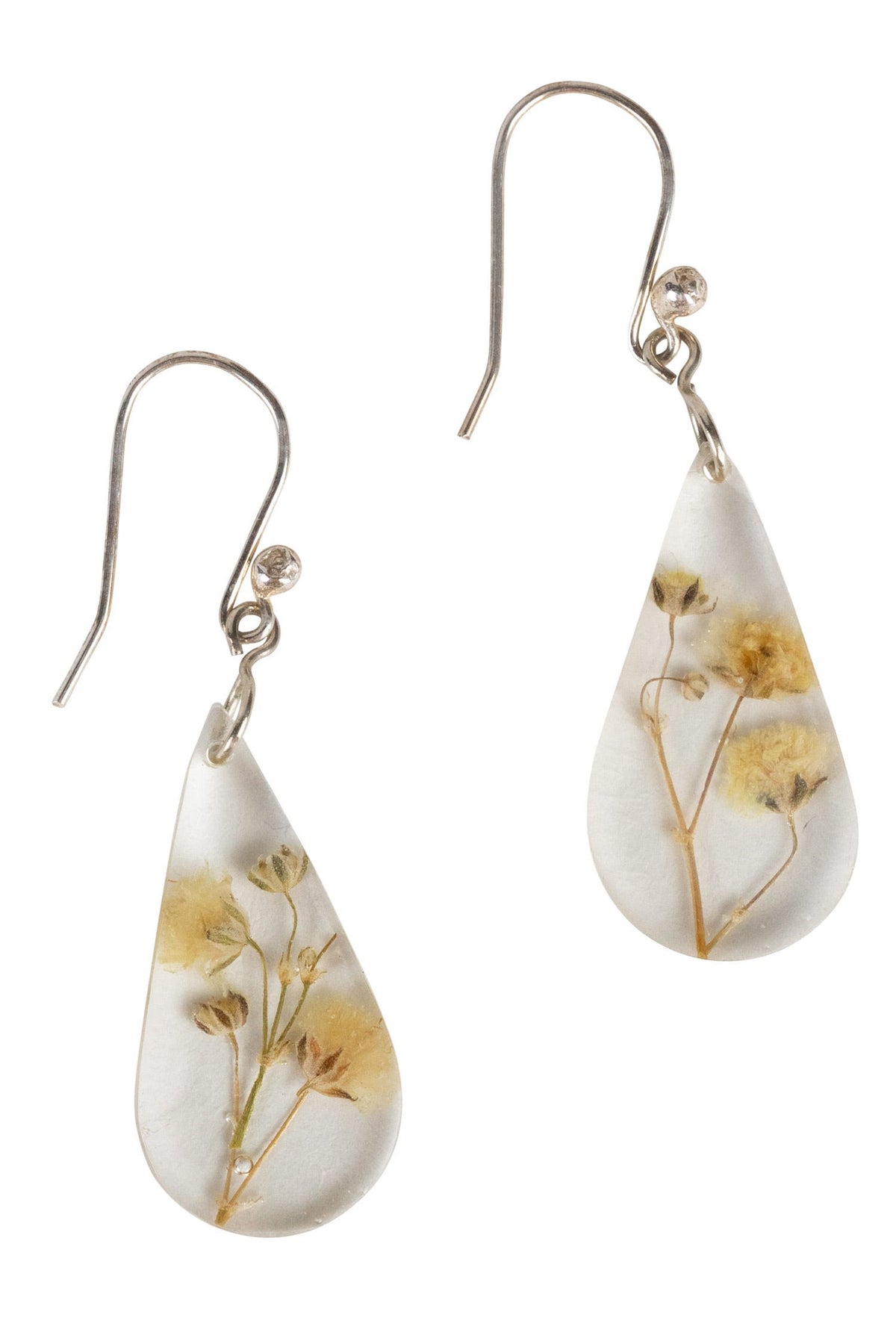 Real Dried Flowers and Resin Earrings, Silver Diamond Drops in